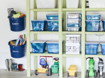 If you have any jumbo toy buckets, get them off the floor and put them onto the garage wall instead. like Aniko from Place of My Taste. Using the wall for storage allows for more floor space for big toys.