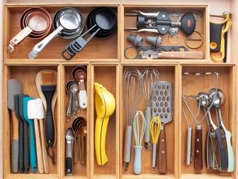 No fancy customization here — just seven bamboo drawer organizers from The Container Store that let food blogger Jeanine Donofrio of Love and Lemons find anything in a nanosecond. “Grouping the tools on a table first helped me figure out which sizes of organizers to buy,” she says. The yellow is always a treat to come upon: “I love a visual pop as much as I love a squeeze of lemon in my cooking.”