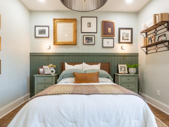 The finished primary bedroom as seen on HGTV’s HGTV’s Good Bones hosted by Mina and Karen.